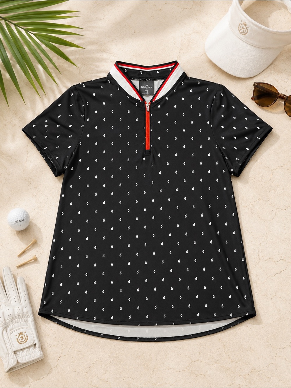 EUC Belyn Key L Black Paisley Quarter Zip Golf Polo Red White Teardrop